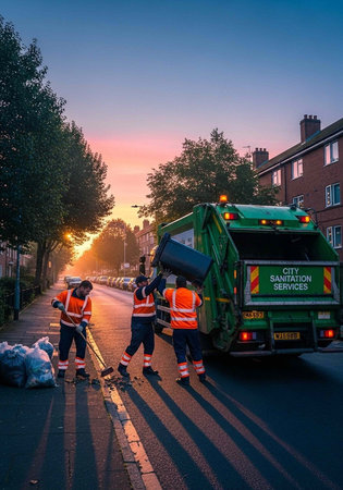 City sanitation workers collecting trash on a residential street at sunset