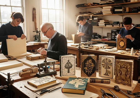 People working on handmade books and woodblocks in a well-lit workshop with various tools and...