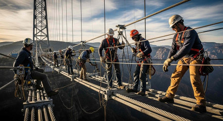 A group of construction workers building a suspension bridge in a mountainous landscape