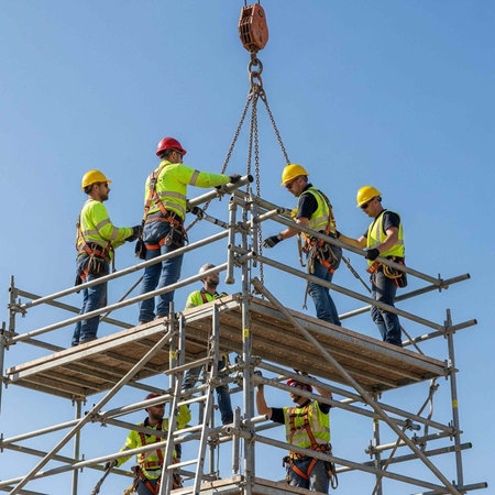 Construction workers in high visibility gear working on scaffolding at a building site