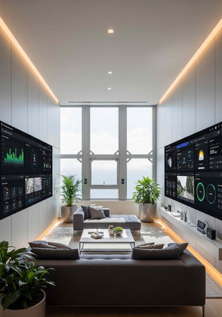 A modern living room with smart home technology and a large window with a city viewの写真素材