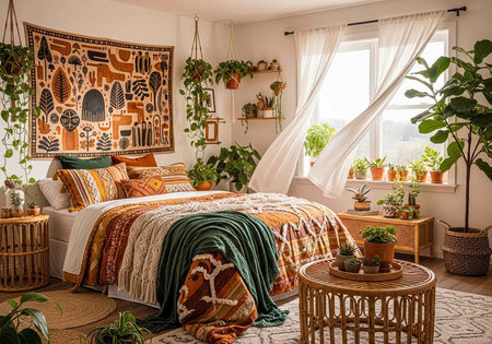 A cozy bohemian bedroom with a bed surrounded by lush green plants and vibrant textilesの写真素材