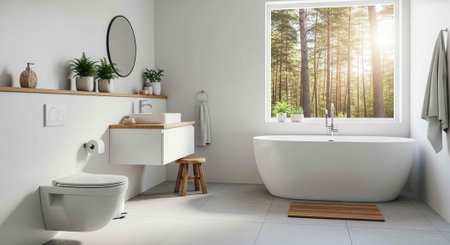 A modern bathroom with a freestanding tub and a view of the forest outsideの写真素材