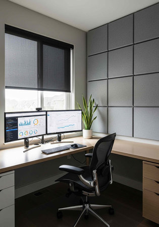 A modern home office with a desk, chair, and two computer monitors on a wooden table