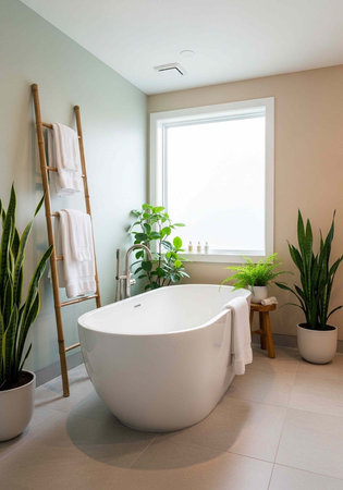 A serene bathroom with a freestanding tub surrounded by lush greenery and natural light