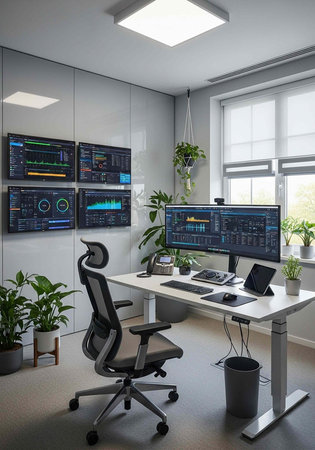 A modern office workspace with a desk, chair, and multiple computer monitors and plants