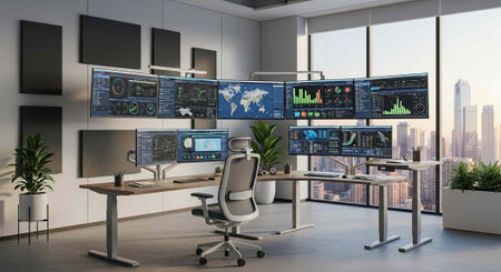 A modern office with multiple computer monitors and a city view