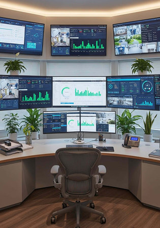 A modern office workspace with multiple computer monitors and a comfortable chair