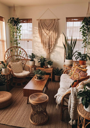 A cozy living room with plants and a macrame wall hanging decorの写真素材