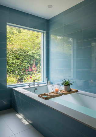 A serene bathroom with a large window overlooking a lush garden and a bathtub with a candle