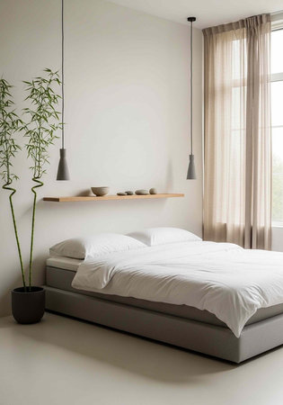 A serene and modern bedroom with a minimalist aesthetic and plenty of natural light