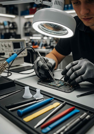 A technician wearing gloves works on a circuit board with a magnifying lampの写真素材