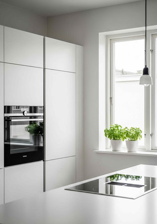 A modern kitchen with white cabinets and a window with potted plants on the sill