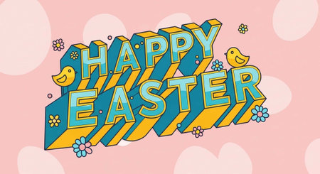 A colorful Easter greeting with happy birds and flowers on a pink background
