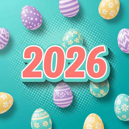 A colorful Easter graphic with decorated eggs and the year 2026 in bold letters
