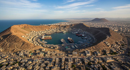 Aerial view of a coastal city with a harbor and mountainous landscape