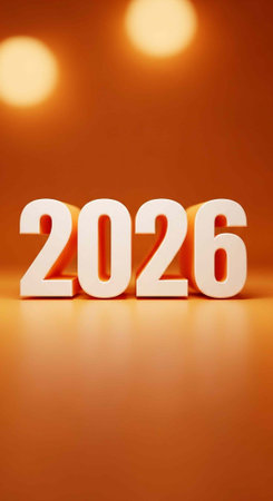 A large white 2026 sign on an orange background with bright lights shining