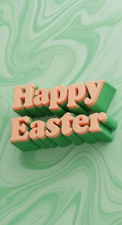 A 3D rendering of Happy Easter text on a green marble background