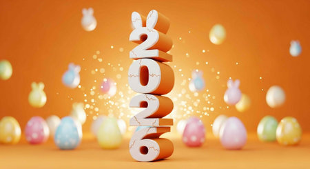 A festive Easter scene with 2026 decorations and colorful eggs on orange background
