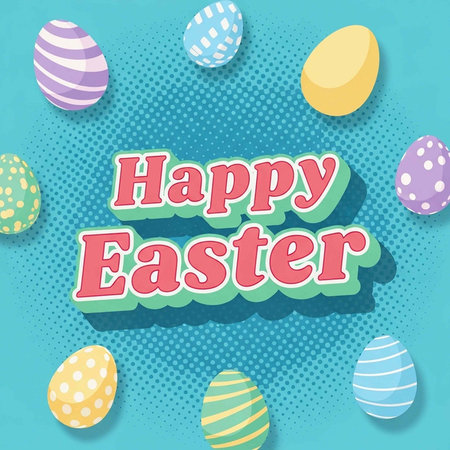 A colorful Easter graphic with eggs and Happy Easter text on a blue background