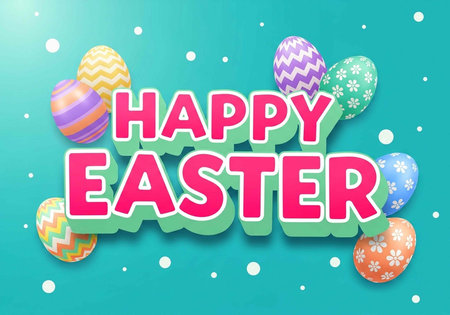 A colorful Easter graphic with eggs and Happy Easter text on a teal background