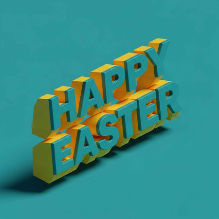 A colorful 3D rendering of Happy Easter text on a teal background for holiday celebrations