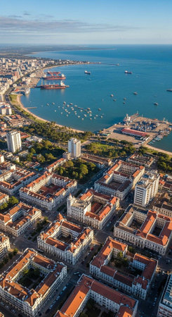 Aerial view of a coastal city with white buildings and orange roofs by the ocean