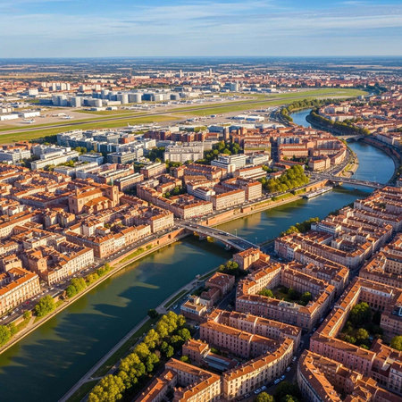Aerial view of a city with a river running through it under a blue skyの写真素材
