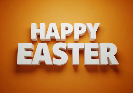 A festive Happy Easter message in white letters on an orange background
