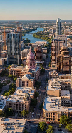 Aerial view of a vibrant cityscape with a river and modern architecture