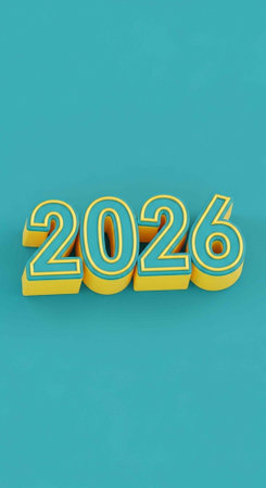A 3D rendering of the year 2026 in bold, colorful font on a solid backgroundの写真素材