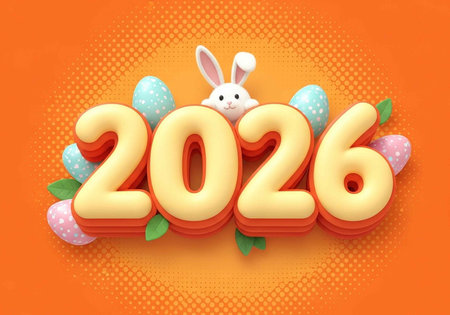 A colorful Easter-themed graphic with 2026 and a bunny peeking out from behind