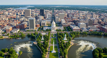 Aerial view of a city with a river and a large white building in the centerの写真素材