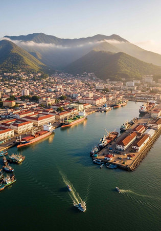 Aerial view of a bustling harbor with boats and buildings near mountains