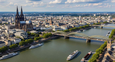 Aerial view of a city with a river and bridge in Europeの写真素材