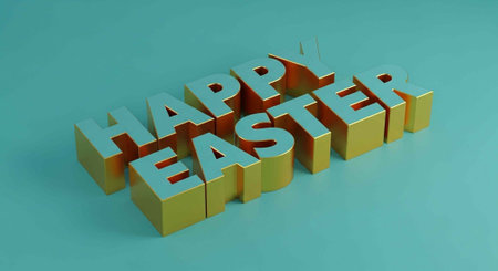 A 3D rendering of Happy Easter text in gold and blue on a teal backgroundの写真素材