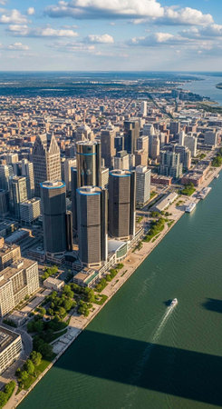 Aerial view of a modern cityscape with skyscrapers and a river waterfrontの写真素材
