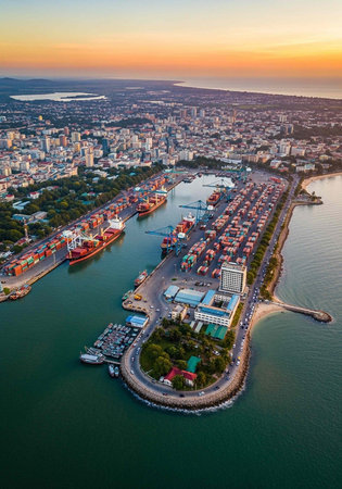 Aerial view of a bustling port city at sunset with cargo ships and cranes