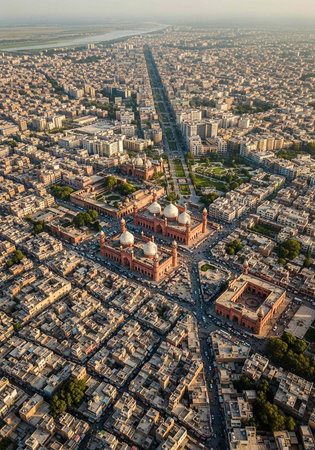Aerial view of a large city with a historic mosque and surrounding buildingsの写真素材