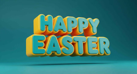 A colorful 3D Happy Easter sign on a teal background with vibrant shadows
