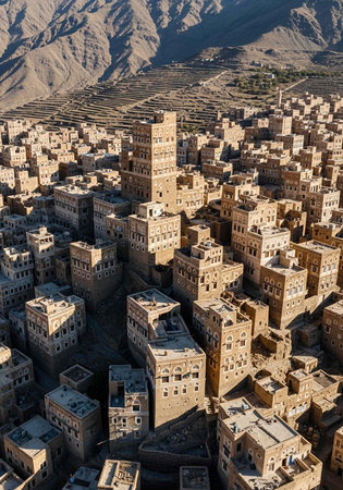 Aerial view of a densely packed ancient Middle Eastern city with mountains in the backgroundの写真素材
