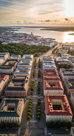 Aerial view of a beautiful city by the ocean at sunset with modern architectureの写真素材