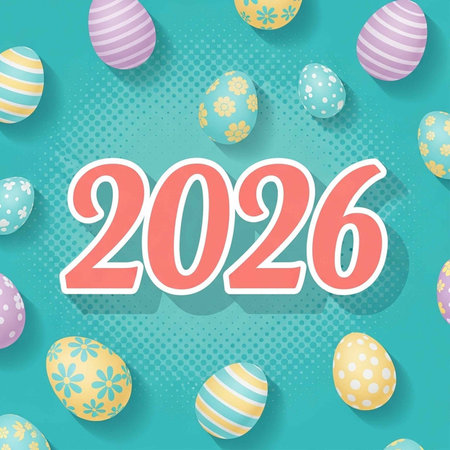 A colorful Easter graphic with decorated eggs and the year 2026 in large pink letters