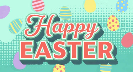 A colorful Easter graphic with eggs and Happy Easter text on a teal background