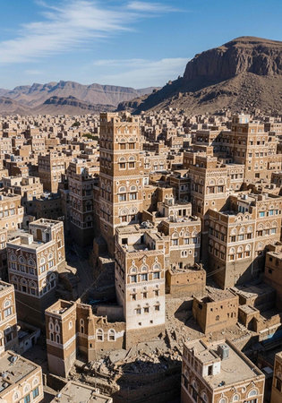 Aerial view of a densely populated ancient Middle Eastern city with brown buildingsの写真素材