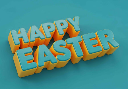 A colorful 3D rendering of Happy Easter text on a solid backgroundの写真素材