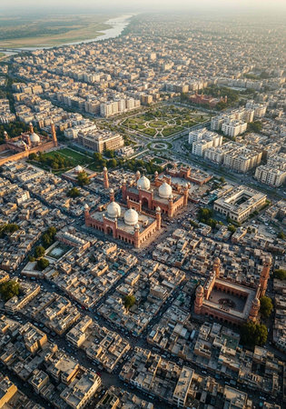 Aerial view of a large city with a prominent mosque and surrounding buildingsの写真素材