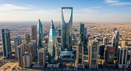 Aerial view of a modern cityscape with sleek skyscrapers and a vibrant urban landscapeの写真素材