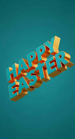 A 3D rendering of Happy Easter text on a teal background for holiday celebrations