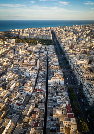 Aerial view of a coastal city with a long straight road and white buildings
